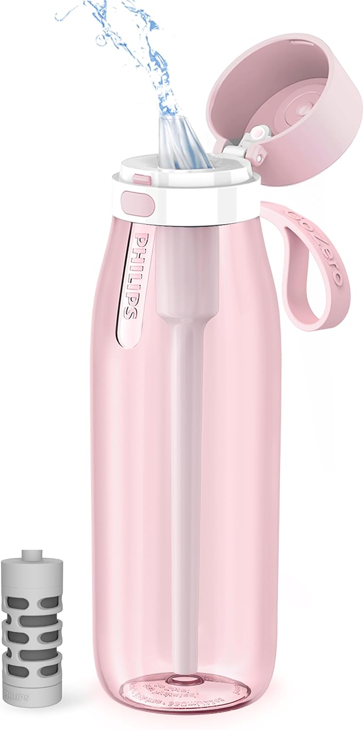 PHILIPS Filtered Water Bottle, BPA-Free Tritan Plastic Water Bottles, Replaces 450 Plastic Water Bottle with Reusable GoZero Everyday Water Filter, Portable Filtering Bottle for Travel