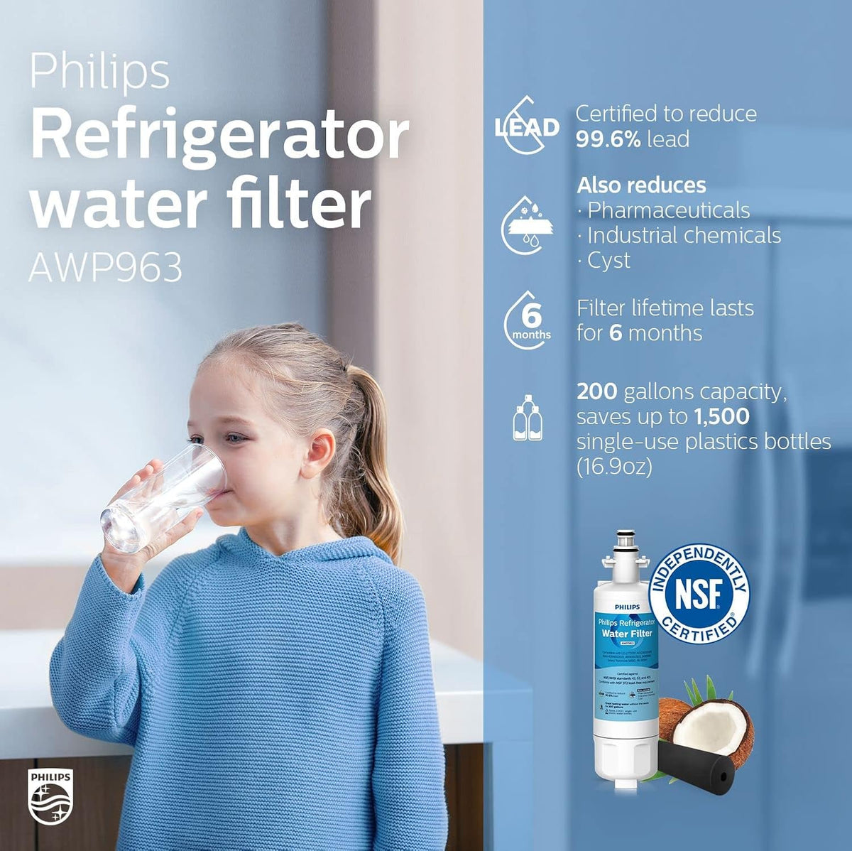 Philips AWP963 NSF/ANSI Certified Refrigerator Water Filter Replacement for LG®: LT700P, LFXS30766S, ADQ36006101, ADQ36006101-S, ADQ36006101S, ADQ36006102, Sears/Kenmore:9690, 46-9690, Pack of 3